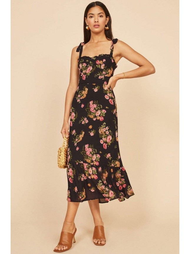 Floral Print Tie Strap Shirred Chiffon Midi Dress – Black