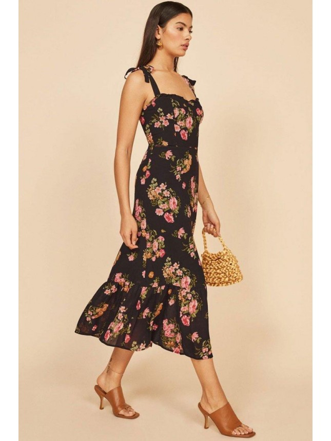 Floral Print Tie Strap Shirred Chiffon Midi Dress – Black
