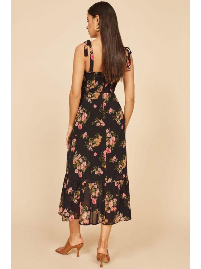 Floral Print Tie Strap Shirred Chiffon Midi Dress – Black
