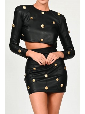 Long Sleeve Button Trim High Waist Mini Leather Two Piece Dress – Black