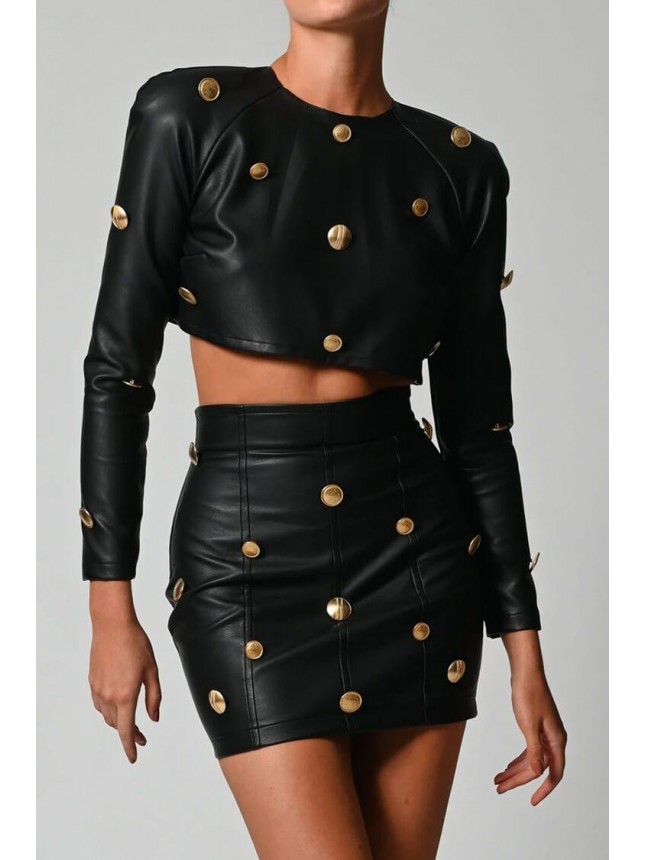 Long Sleeve Button Trim High Waist Mini Leather Two Piece Dress – Black