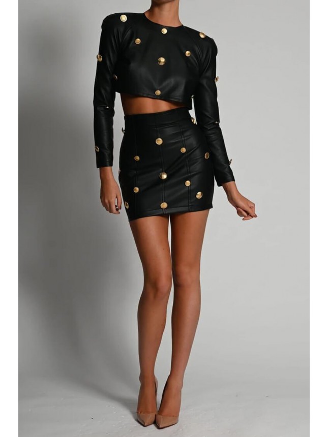 Long Sleeve Button Trim High Waist Mini Leather Two Piece Dress – Black