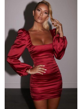 Puff Sleeve Satin Ruched Bodycon Mini Cocktail Party Dress – Burgundy