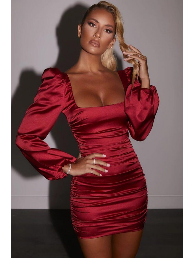 Puff Sleeve Satin Ruched Bodycon Mini Cocktail Party Dress – Burgundy