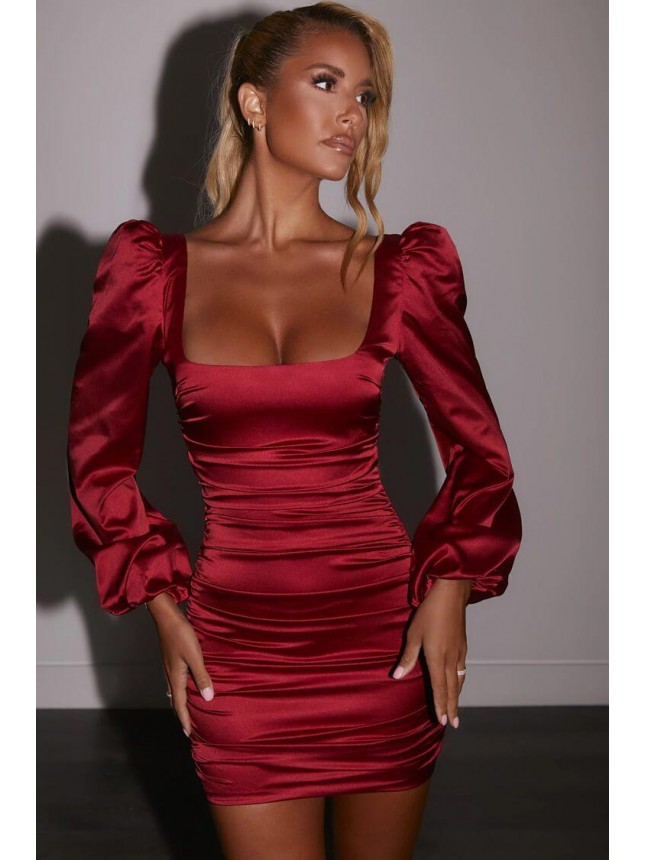 Puff Sleeve Satin Ruched Bodycon Mini Cocktail Party Dress – Burgundy