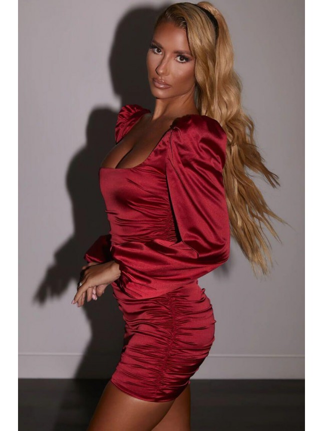 Puff Sleeve Satin Ruched Bodycon Mini Cocktail Party Dress – Burgundy