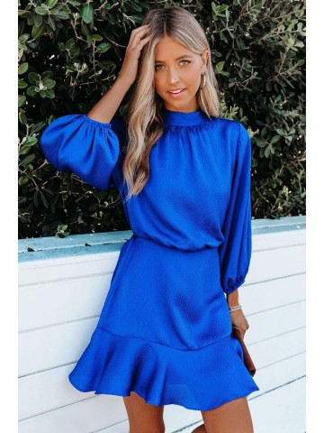 Bishop Sleeve High Neck Chiffon Mini Dress – Blue