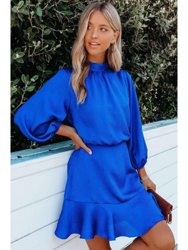 Bishop Sleeve High Neck Chiffon Mini Dress – Blue