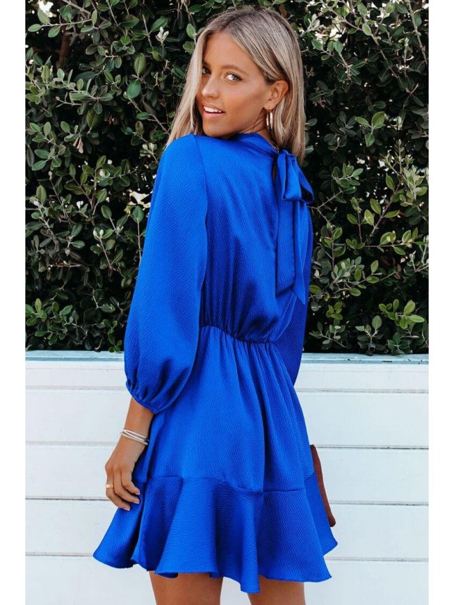Bishop Sleeve High Neck Chiffon Mini Dress – Blue