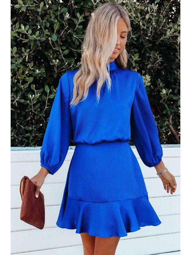 Bishop Sleeve High Neck Chiffon Mini Dress – Blue