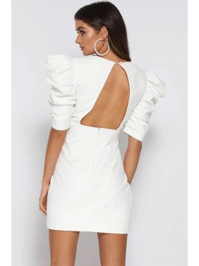 Puff Sleeve V Neck Backless Mini Cocktail Party Dress – White