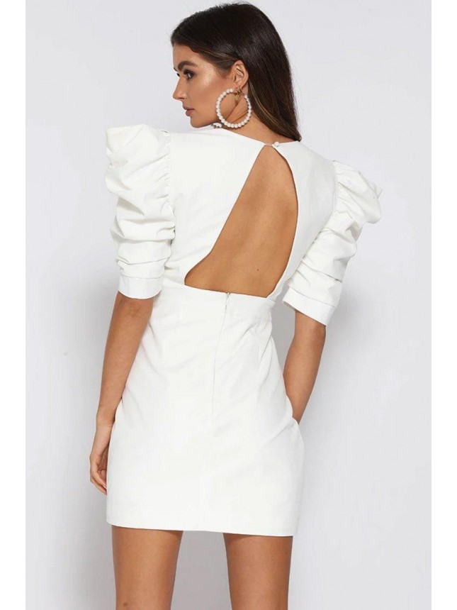 Puff Sleeve V Neck Backless Mini Cocktail Party Dress – White