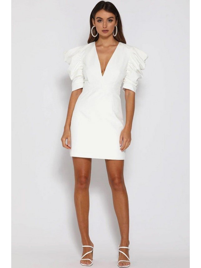 Puff Sleeve V Neck Backless Mini Cocktail Party Dress – White