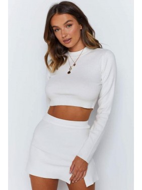 High Slit High Neck Long Sleeve Winter Sweater Mini Two Piece Dress – White