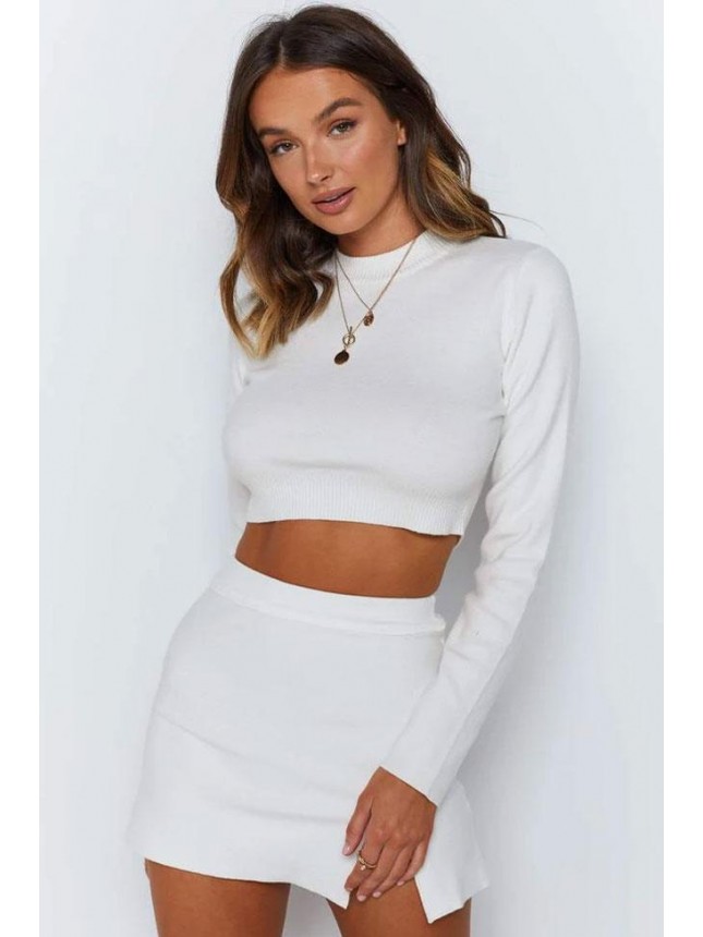 High Slit High Neck Long Sleeve Winter Sweater Mini Two Piece Dress – White