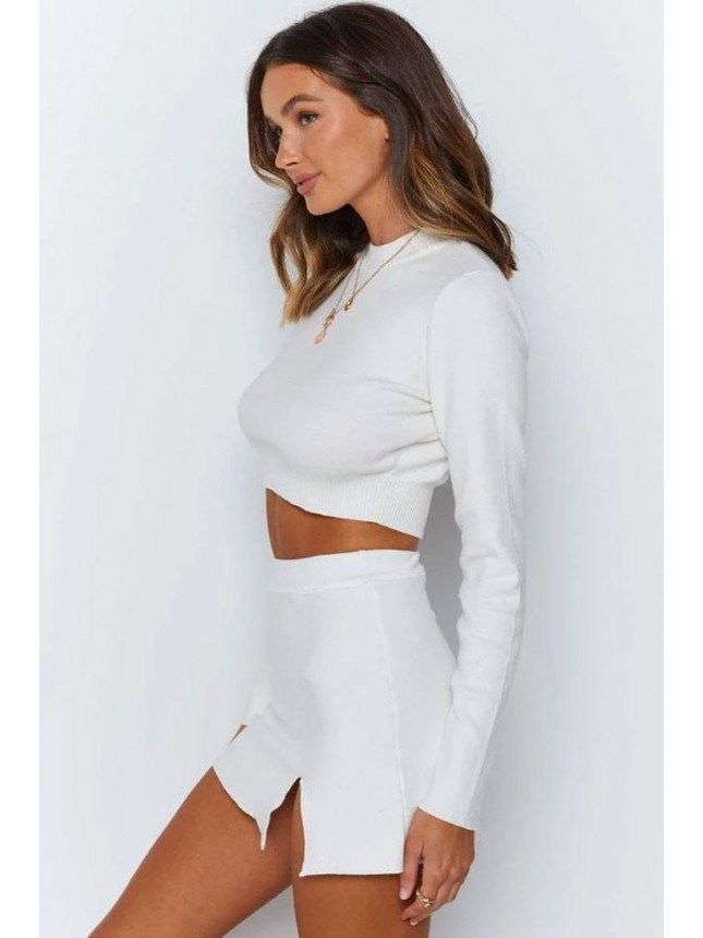 High Slit High Neck Long Sleeve Winter Sweater Mini Two Piece Dress – White