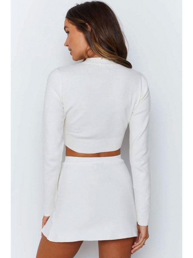 High Slit High Neck Long Sleeve Winter Sweater Mini Two Piece Dress – White