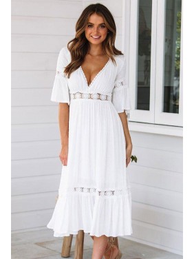 Short Sleeve Crochet Lace Chiffon Midi Dress – White