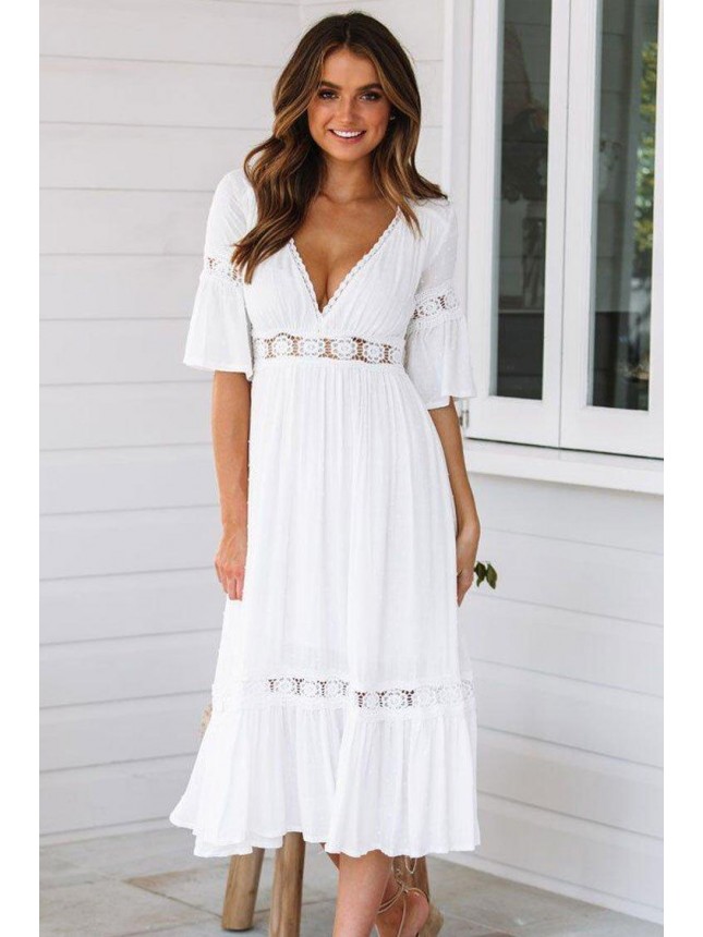 Short Sleeve Crochet Lace Chiffon Midi Dress – White