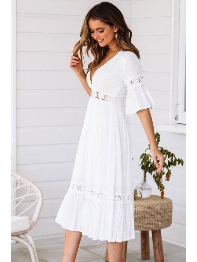 Short Sleeve Crochet Lace Chiffon Midi Dress – White