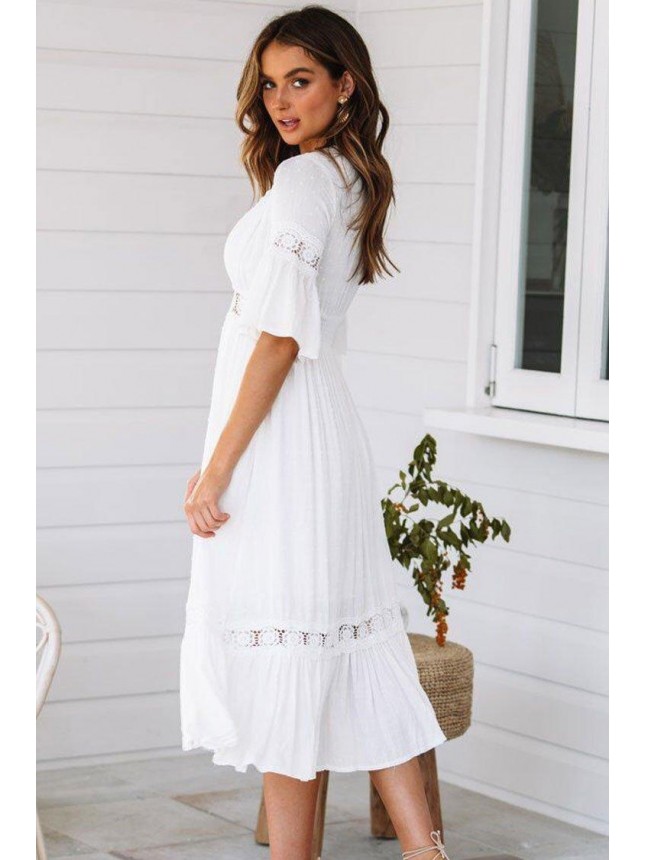 Short Sleeve Crochet Lace Chiffon Midi Dress – White