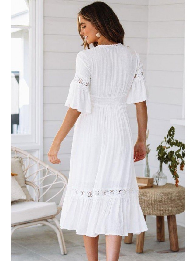 Short Sleeve Crochet Lace Chiffon Midi Dress – White
