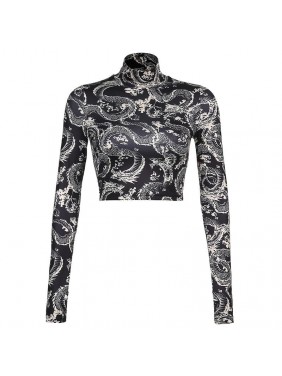Dragon prints high collar colored upper clothes umbilical nature buckle short T shirt