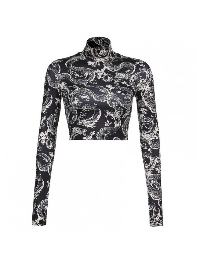 Dragon prints high collar colored upper clothes umbilical nature buckle short T shirt