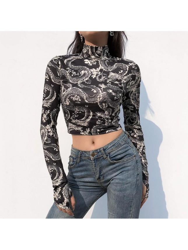Dragon prints high collar colored upper clothes umbilical nature buckle short T shirt