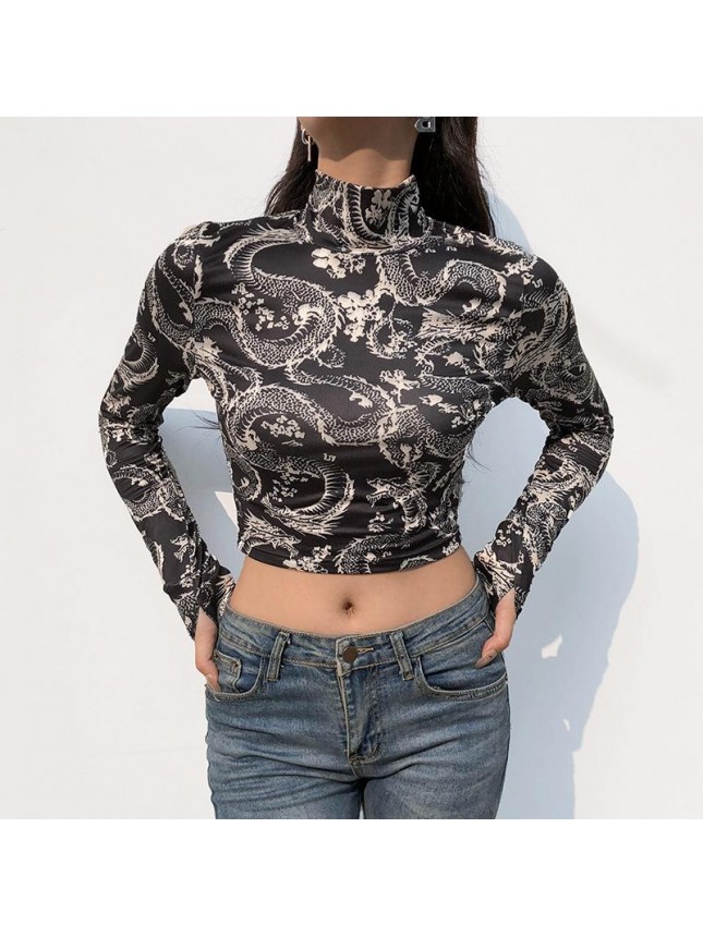 Dragon prints high collar colored upper clothes umbilical nature buckle short T shirt
