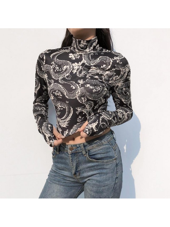 Dragon prints high collar colored upper clothes umbilical nature buckle short T shirt
