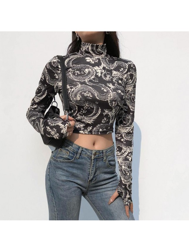 Dragon prints high collar colored upper clothes umbilical nature buckle short T shirt