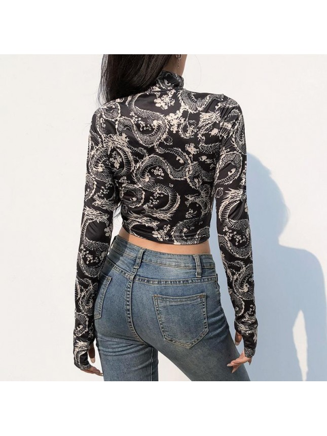Dragon prints high collar colored upper clothes umbilical nature buckle short T shirt