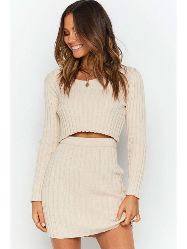 Ribbed Long Sleeve Winter Sweater Mini Two Piece Dress – Apricot