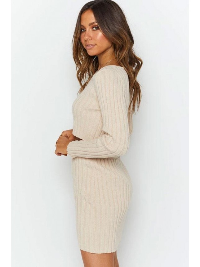 Ribbed Long Sleeve Winter Sweater Mini Two Piece Dress – Apricot