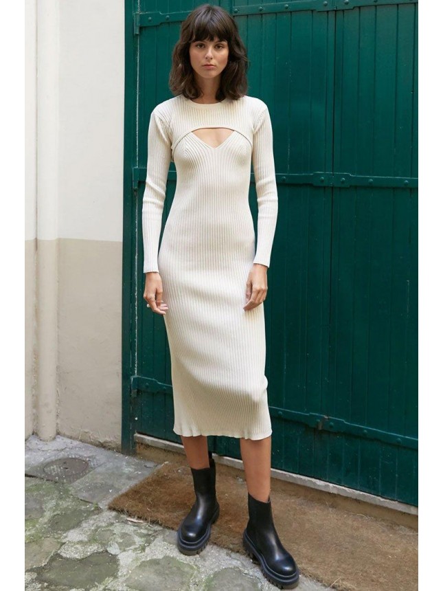 Casual Ribbed Midi Sweater Dress – White