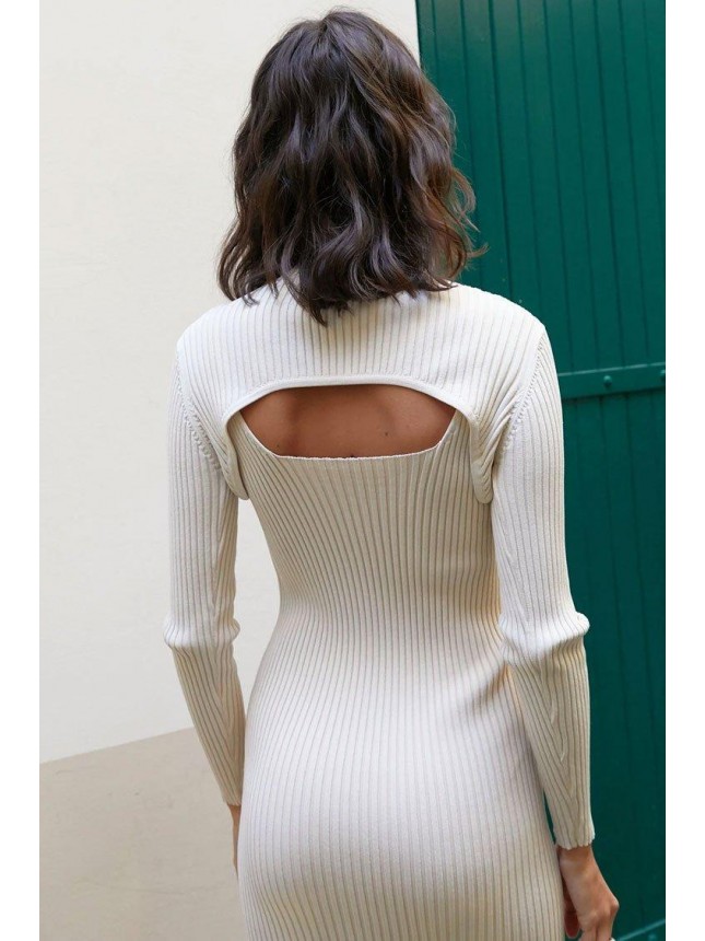 Casual Ribbed Midi Sweater Dress – White