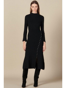 Elegant Beaded Bell Sleeve High Neck Slit Winter Midi Sweater Dress – Black