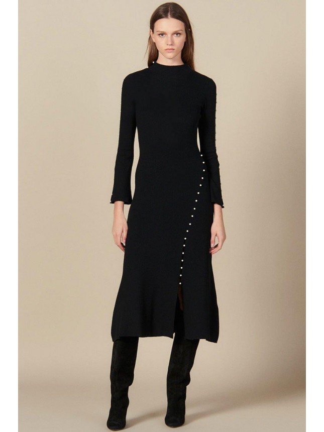 Elegant Beaded Bell Sleeve High Neck Slit Winter Midi Sweater Dress – Black