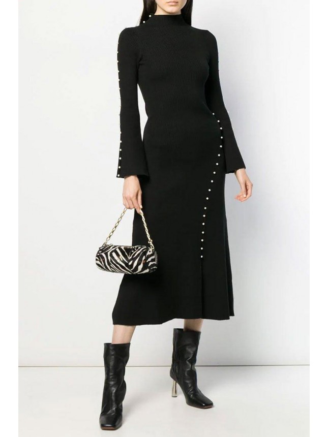 Elegant Beaded Bell Sleeve High Neck Slit Winter Midi Sweater Dress – Black