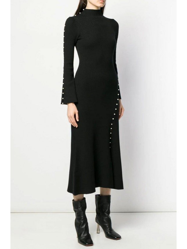 Elegant Beaded Bell Sleeve High Neck Slit Winter Midi Sweater Dress – Black