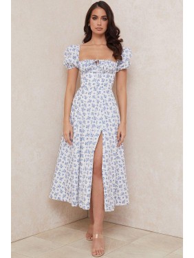 Puff Sleeve Ditsy Floral Tie Front High Slit Midi Dress – Blue