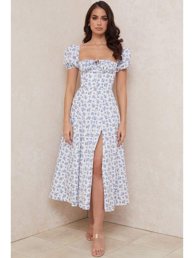 Puff Sleeve Ditsy Floral Tie Front High Slit Midi Dress – Blue
