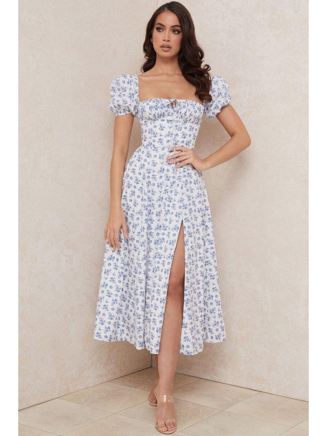 Puff Sleeve Ditsy Floral Tie Front High Slit Midi Dress – Blue