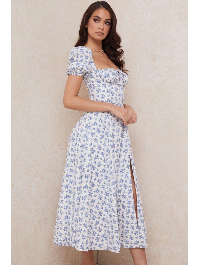 Puff Sleeve Ditsy Floral Tie Front High Slit Midi Dress – Blue