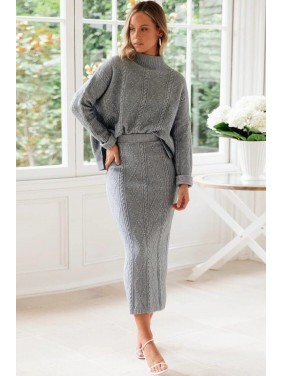 Cable Knit Long Sleeve High Neck Winter Sweater Two Piece Dress – Gray