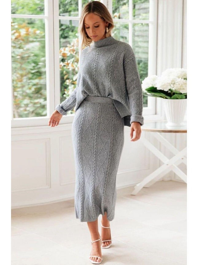 Cable Knit Long Sleeve High Neck Winter Sweater Two Piece Dress – Gray