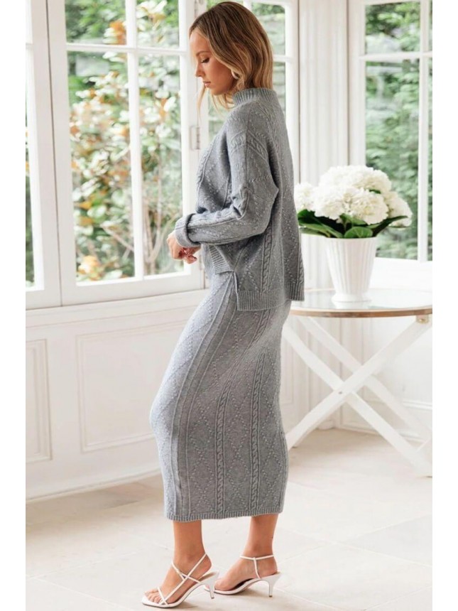 Cable Knit Long Sleeve High Neck Winter Sweater Two Piece Dress – Gray