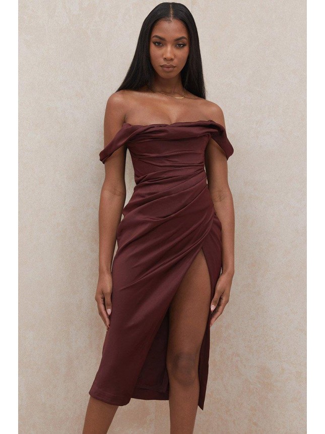 High Slit Off Shoulder Corset Ruched Midi Cocktail Party Dress – Burgundy