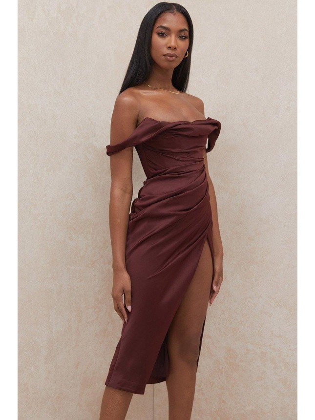 High Slit Off Shoulder Corset Ruched Midi Cocktail Party Dress – Burgundy